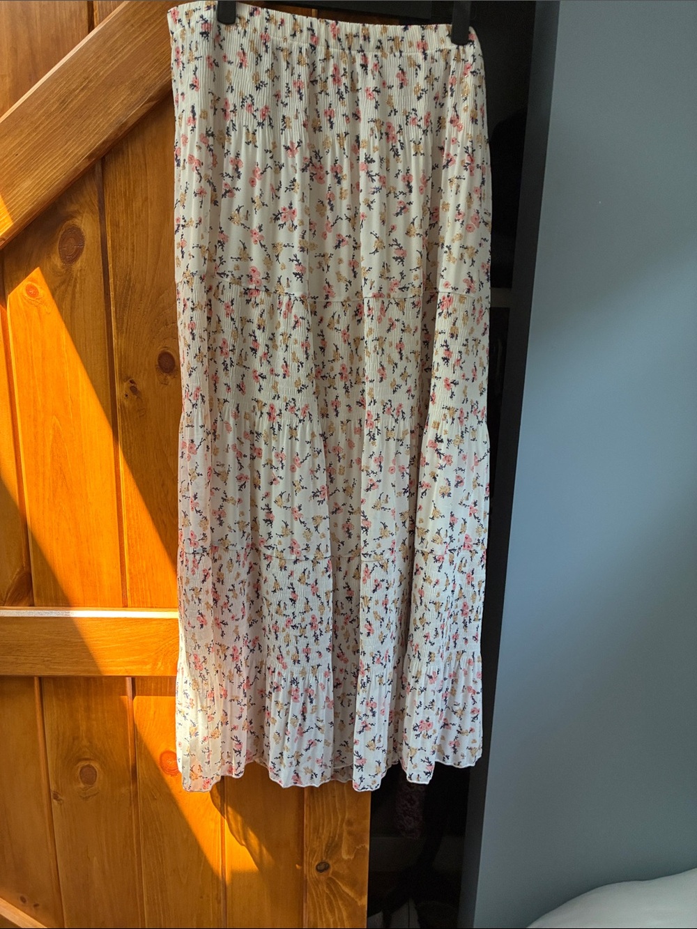 Women's Floral Tiered Maxi Skirt - Cream with Pink Floral